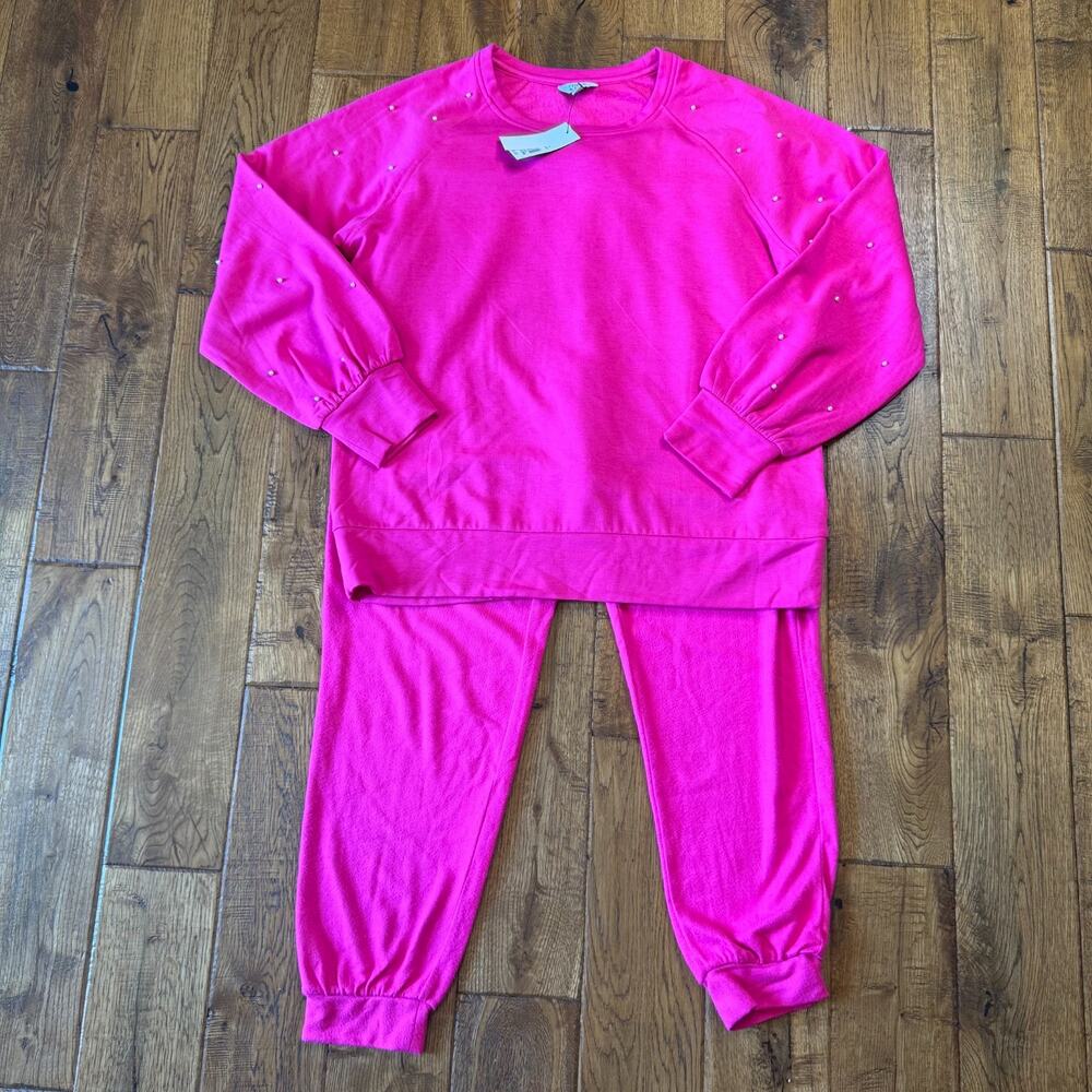 Crown & Ivy Hot Pink 2 Piece Sweat Set Sweatshirt & Pants Size L Women's